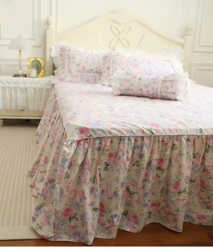 Couvre-lit King de Style français, housse de lit princesse, drap de lit imprimé Dobby Rose avec jupe