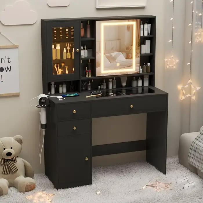 Vanité blanche avec plateau en verre, lumières LED et prise de courant, 3 tiroirs