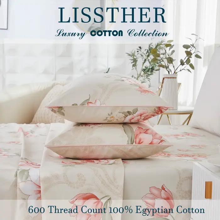 Ensemble de housse de couette 100% coton égyptien 600TC, 3 pièces, motif Rose floraison, doux pour l