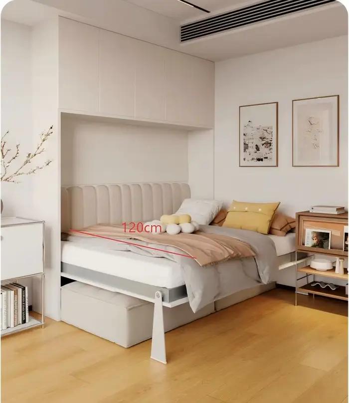 Lit Murphy multifonctionnel moderne intégré au mur avec armoire latérale rabattable pour petit appar
