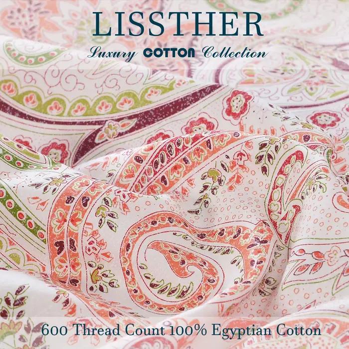 Ensemble de housse de couette 3 pièces 600TC 100% coton égyptien, imprimé Paisley rose Boho, doux et