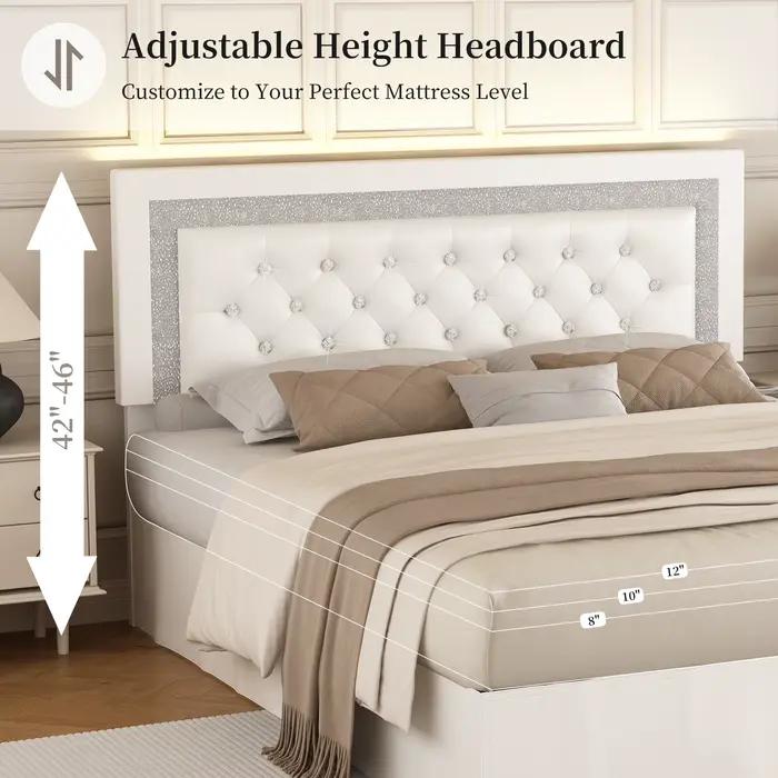 SIBEDS Cadre de lit queen avec lumières LED, tête de lit réglable, revêtement en lin capitonné, jupe