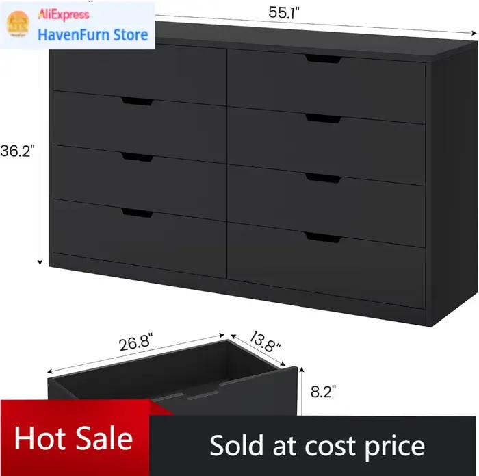 Commode moderne noire à 8 tiroirs pour chambre, salon, couloir - Meuble de rangement robuste avec ti