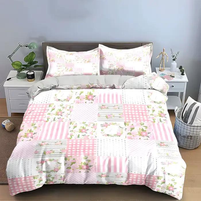 Parure de lit patchwork fleuri rose 3 pièces, style pastoral doux, housse de couette et taies d'orei