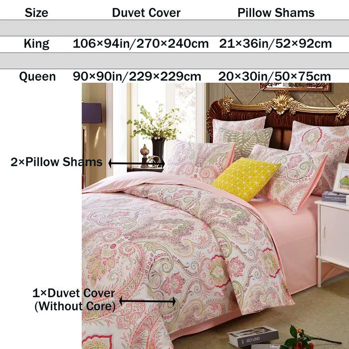 Ensemble de housse de couette 3 pièces 600TC 100% coton égyptien, imprimé Paisley rose Boho, doux et