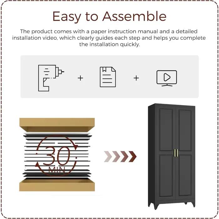 Armoire de garde-manger de cuisine de 75 pouces, armoires de rangement en métal noir avec 2 portes e