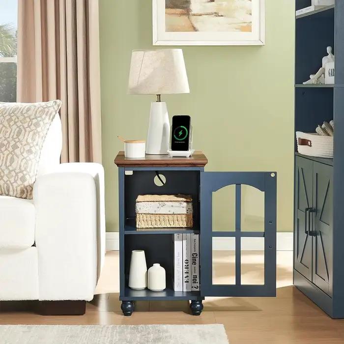 Ensemble de 2 tables d'appoint étroites, table de chevet style farmhouse avec station de charge, tab