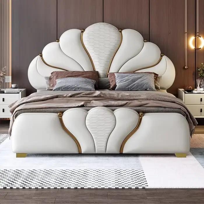 Lit double de rangement multifonctionnel moderne pour chambre principale, avec base souple en cuir C