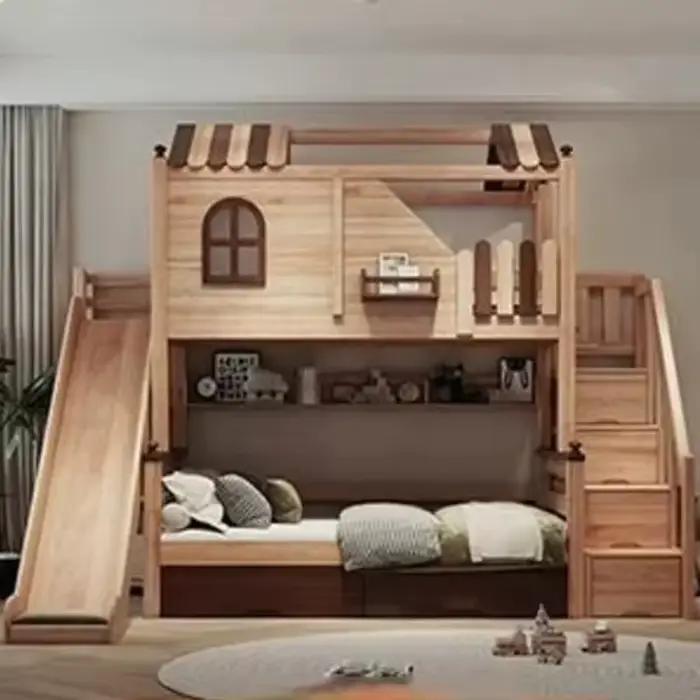 Lit superposé enfant en bois massif Tree House avec lit superposé familial toboggan lit haut et bas