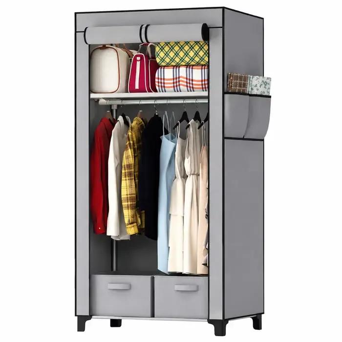 Armoire en toile grise avec 2 barres de suspension, 2 tiroirs et 4 poches latérales pour chambre, do