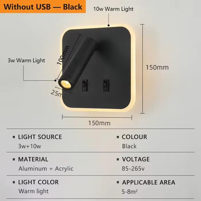 Lampe murale LED de chevet rotative avec interrupteur, lumière de lecture, rétroéclairage, charge US