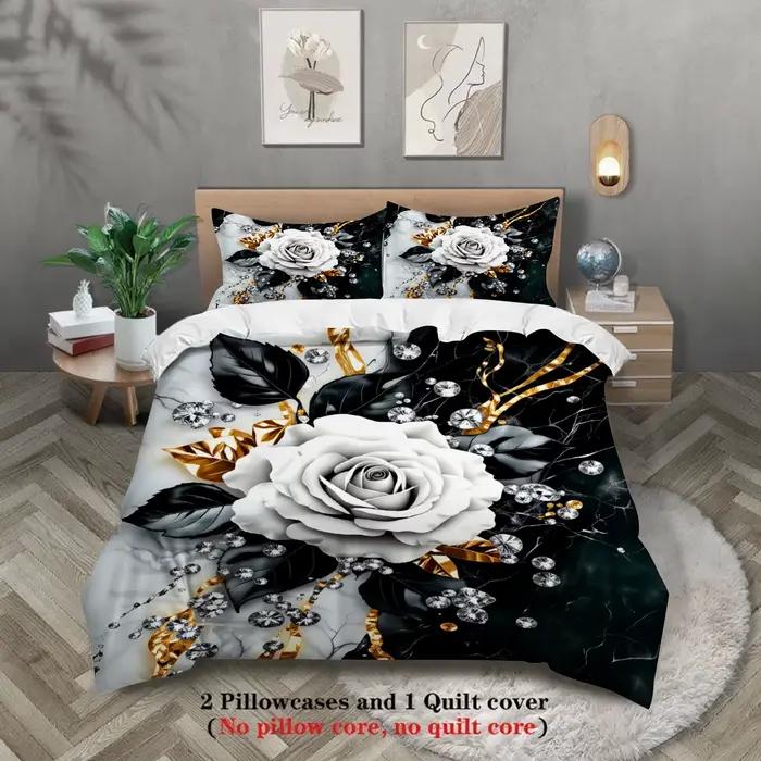 Parure de lit 3 pièces à motif floral rose, imprimé 3D noir, blanc et or, avec taies d'oreiller, san