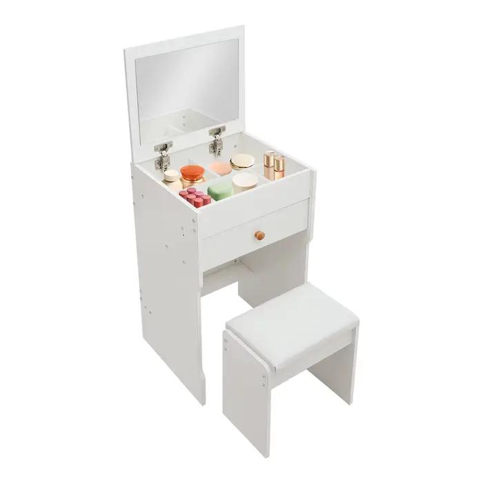 Petit coiffeuse blanc avec miroir rabattable, rangement caché, ensemble de coiffeuse avec plateau en