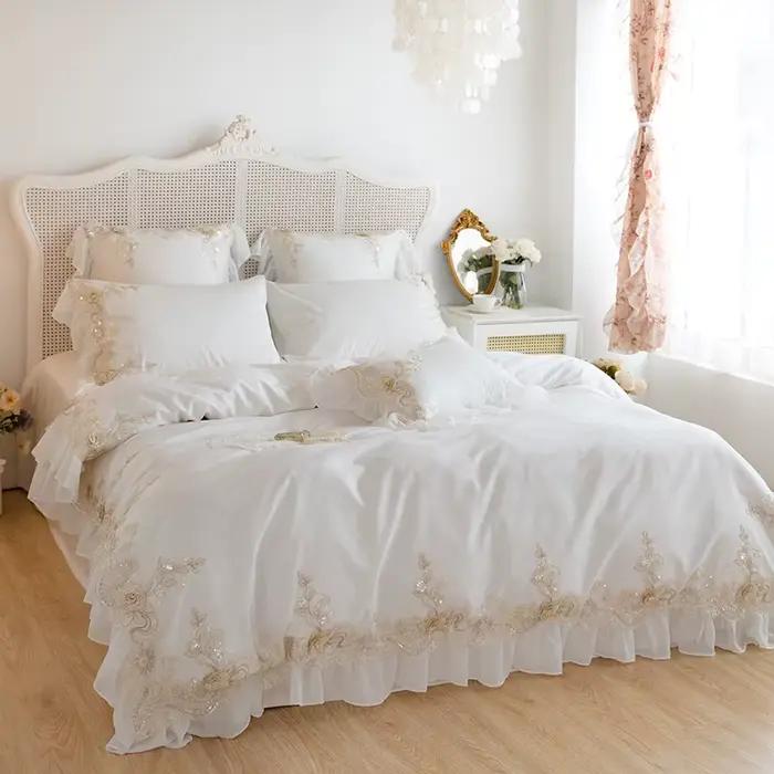 Parure de lit de princesse en dentelle blanche brodée, luxe haut de gamme, style français, en coton 