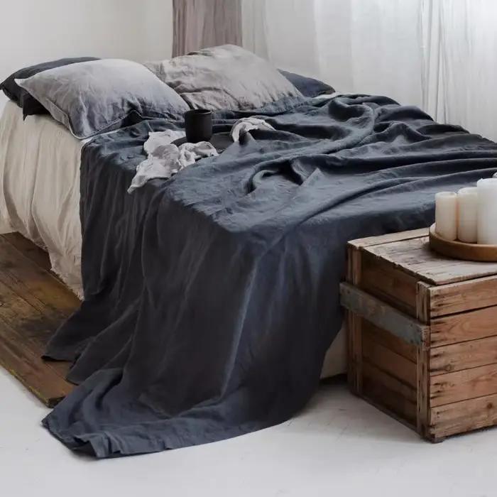 Draps de lit en lin pur 100% lin français lavés en pierre, couleur unie, respirant et Durable pour l