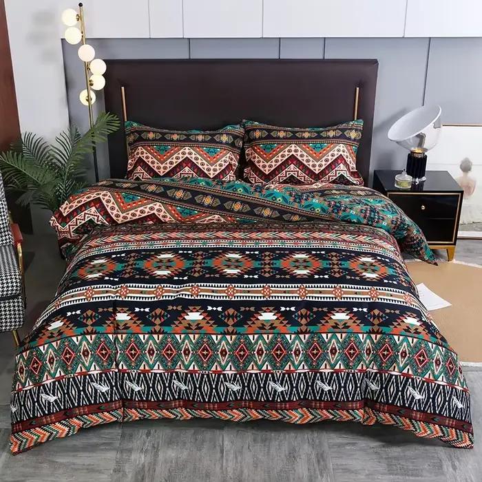 Parure de lit Boho 3 pièces, housse de couette et taies d'oreiller rayées géométriques en marron, ho