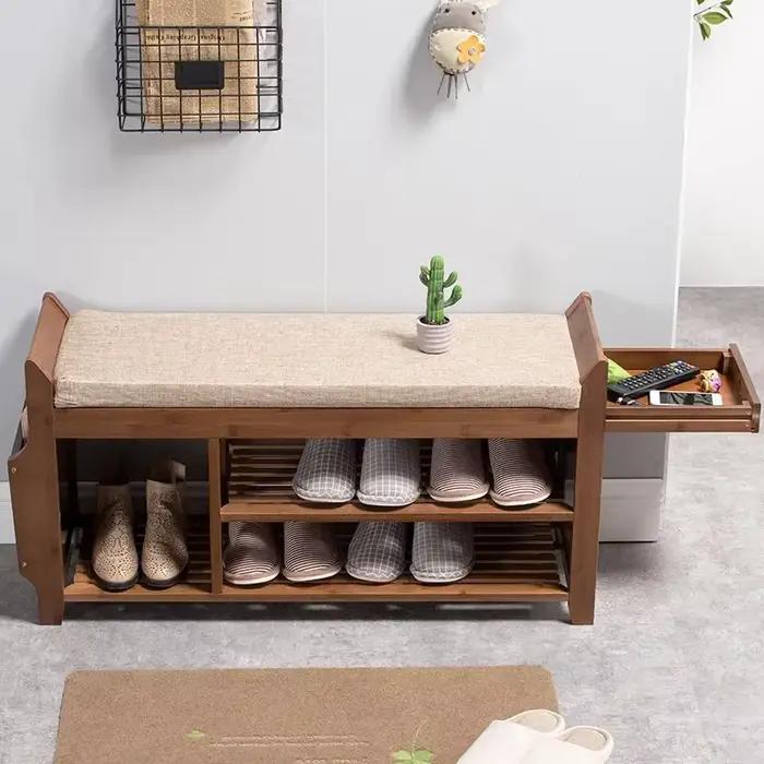 Banc de rangement pour chaussures T1 avec siège à coussin double couche, tabouret à chaussures, hôte