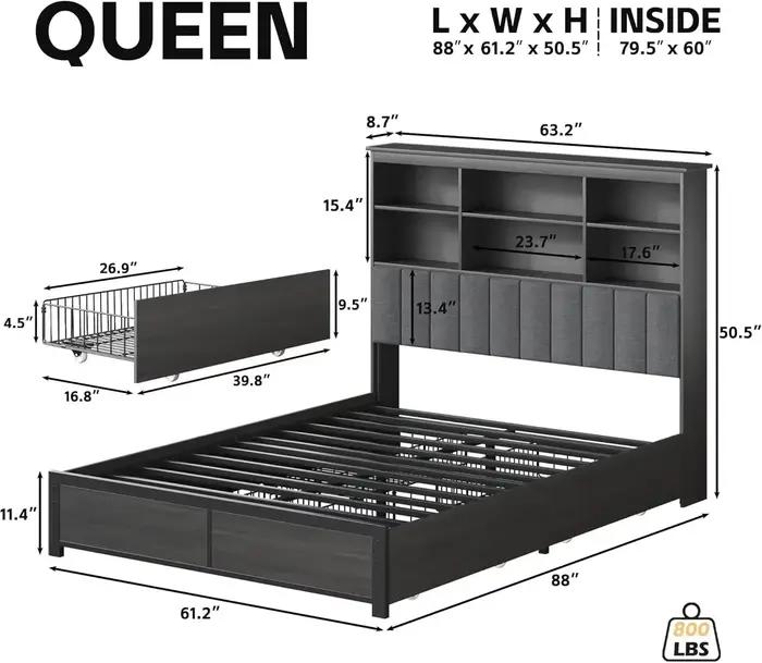BestsellerHISOFT Cadre de lit Queen avec tête de lit de rangement, lit en bois avec bibliothèque hau