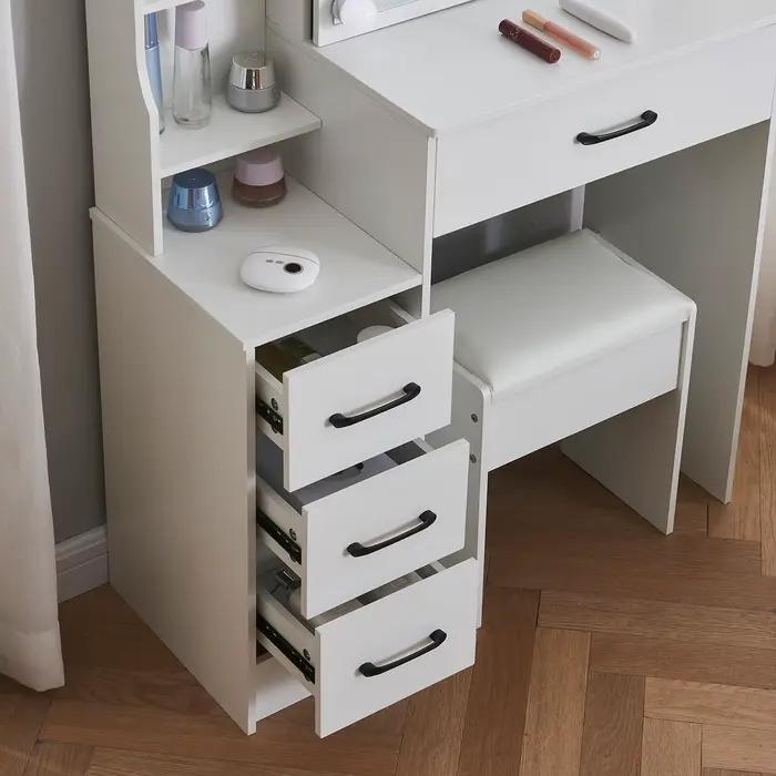 Commode avec miroir à ampoule LED, ensemble de vanité avec 4 portes de proximité, 3 motifs lumineux 