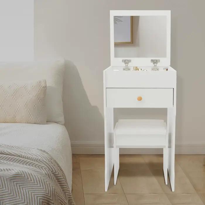 Petit coiffeuse blanc avec miroir rabattable, rangement caché, ensemble de coiffeuse avec plateau en