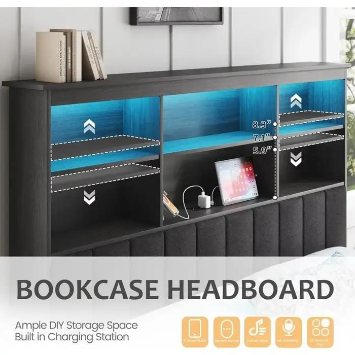 BestsellerHISOFT Cadre de lit Queen avec tête de lit de rangement, lit en bois avec bibliothèque hau