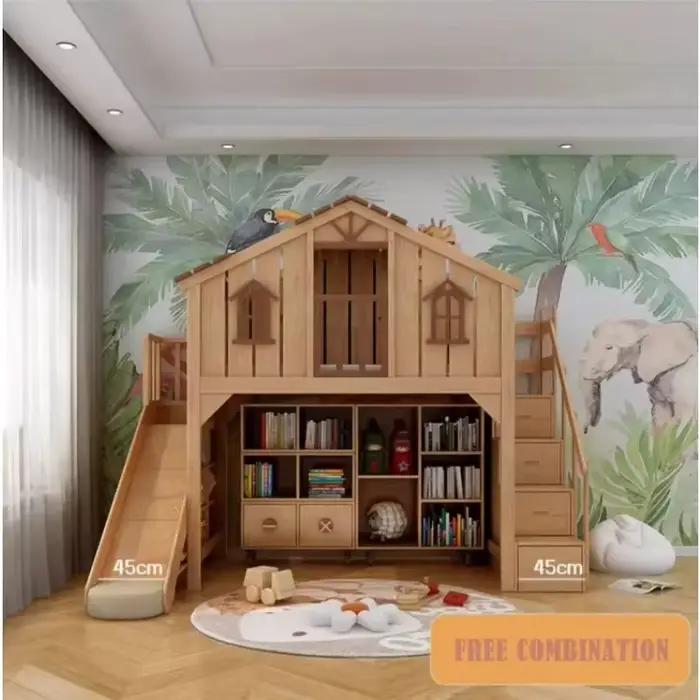 Meubles de chambre à coucher en bois massif en forme de maison, lits pour enfants avec toboggan