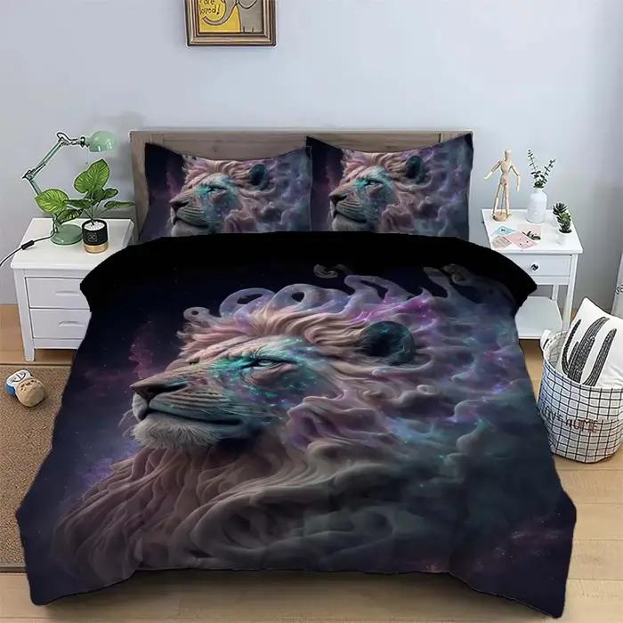 Parure de lit 3 pièces confortable et chaude en polyester mat 90 g/m2, imprimé lion king animal, com