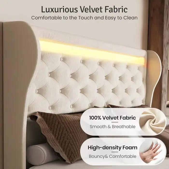 Cadre de lit queen size avec tête de lit, lit plateforme en velours rembourré avec tête de lit haute