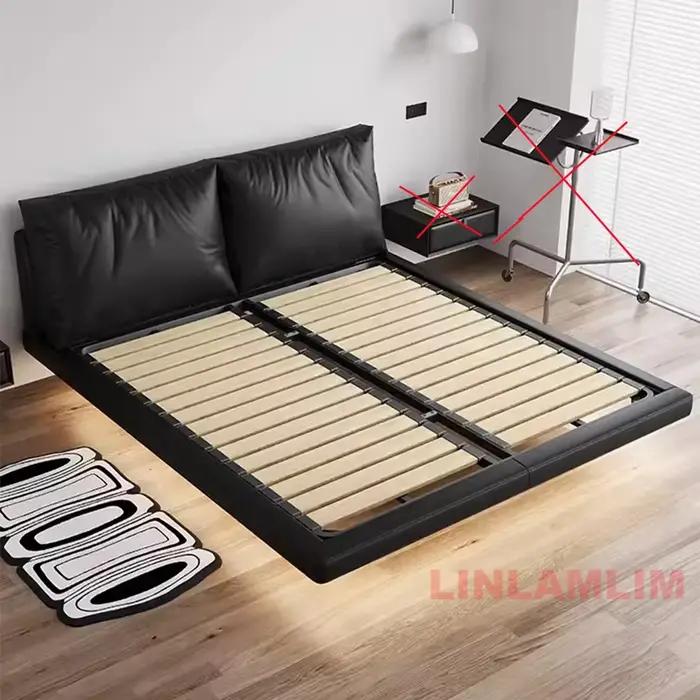 Linlamlim-Lit en cuir véritable italien avec éclairage LED, lit en plumes moderne, cadre de lit flot