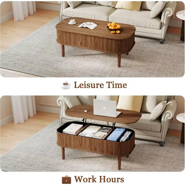 Table basse relevable cannelée avec rangement dissimulé, table basse ovale avec plateau relevable, d