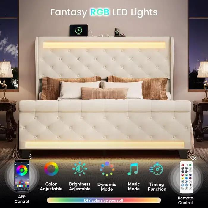 Cadre de lit queen size avec tête de lit, lit plateforme en velours rembourré avec tête de lit haute