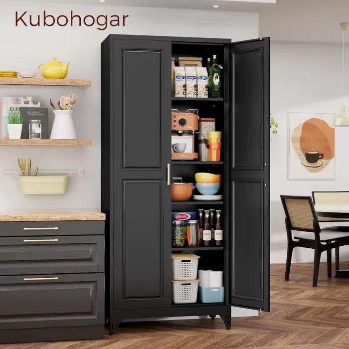 Armoire de garde-manger de cuisine de 75 pouces, armoires de rangement en métal noir avec 2 portes e