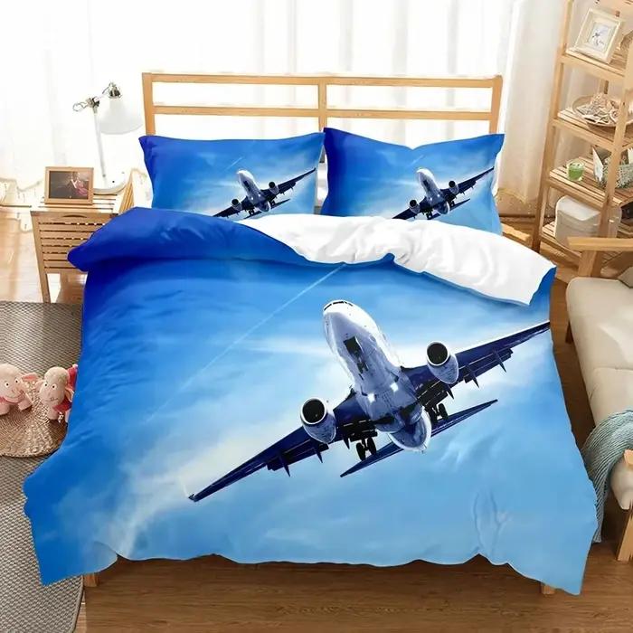 Linge de lit 3D avion ciel bleu, housse de couette confortable, taie d'oreiller, ensemble de literie