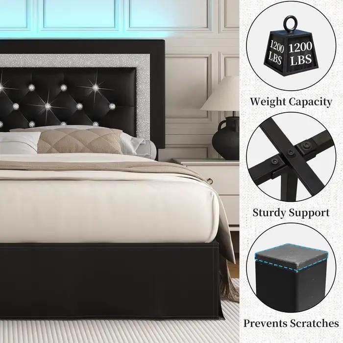 SIBEDS Cadre de lit queen avec lumières LED, tête de lit réglable, revêtement en lin capitonné, jupe