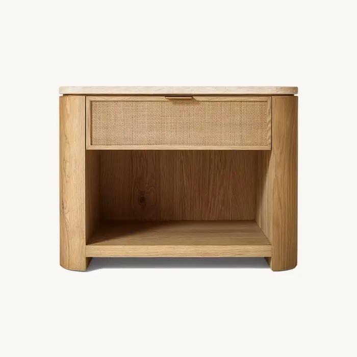 Table de chevet moderne en bois, table de chevet en rotin avec tiroir de rangement et étagère ouvert