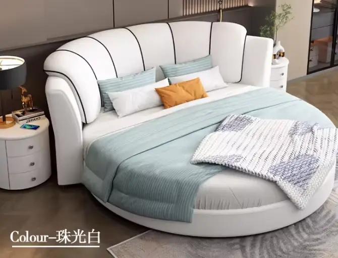 Cadres de lit blancs élégants Queen Low sans matelas, lit rond pour deux personnes, accessoires de m