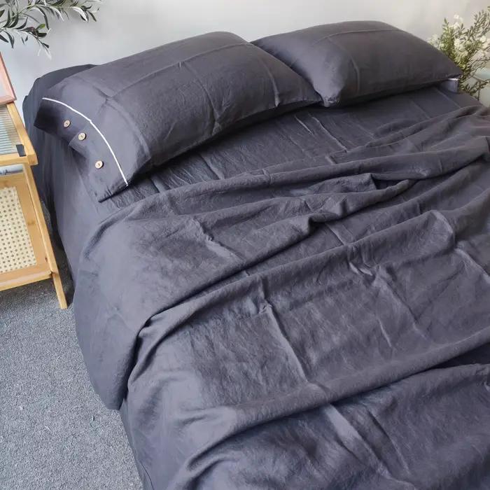 Ensemble de literie 100% lin, housse de couette, couleur unie, gris foncé, housse de couette, drap-h