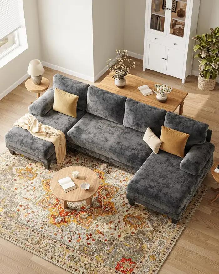 Canapés sectionnels en forme de U pour salon |   Canapé en chenille avec double chaise longue |   Ca