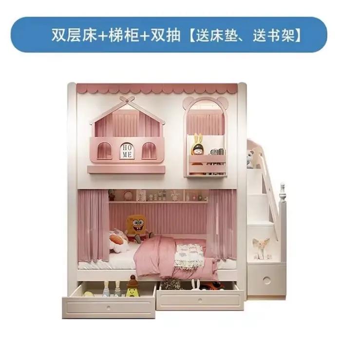 Lit superposé rose multifonctionnel pour fille, conçu unique, avec toboggan, adapté aux meubles de c