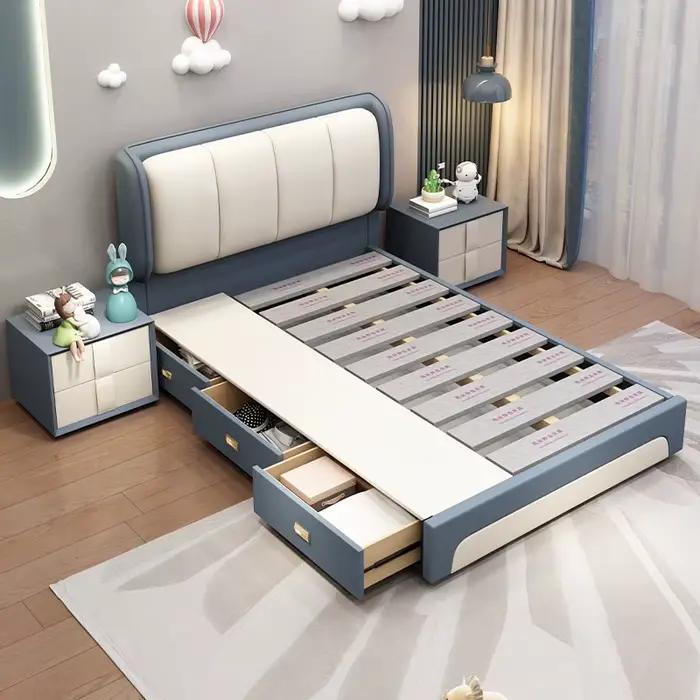 Lit de chambre rembourré pour enfants, mignon et esthétique, lit simple, tables de nuit, cadre franç