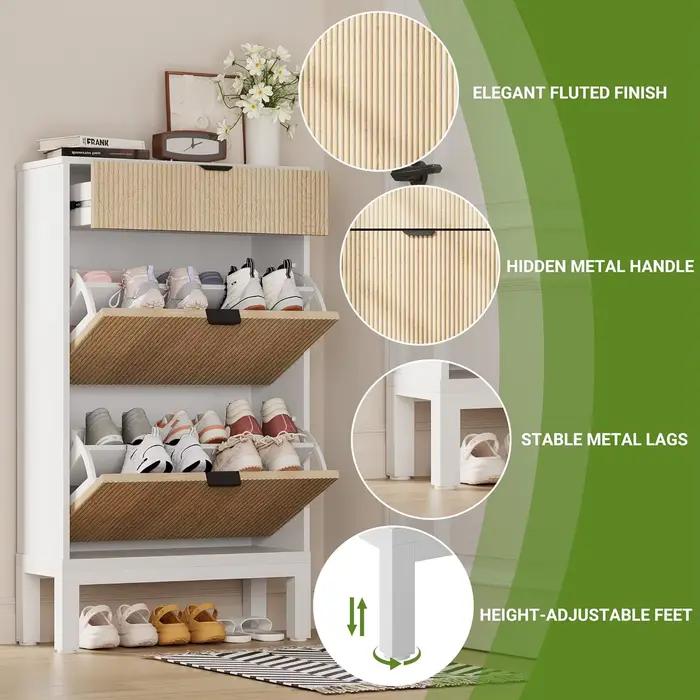 Armoire de rangement pour chaussures avec 2 tiroirs rabattables, organisateur de chaussures cannelé 