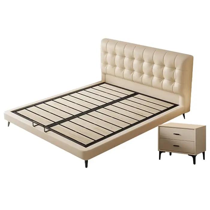Cadre de lit crème minimaliste en bois et cuir avec rangement, éclairage dimmable, chargement sans f