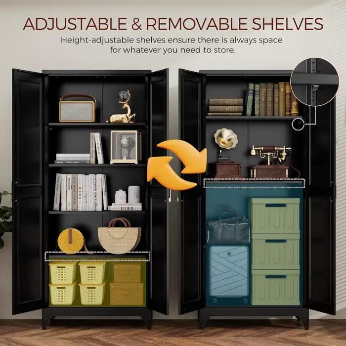 Armoire de garde-manger de cuisine de 75 pouces, armoires de rangement en métal noir avec 2 portes e