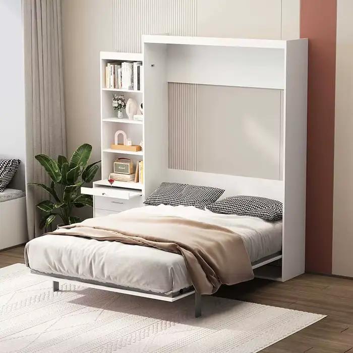Lit Murphy vertical blanc pleine grandeur avec étagères et tiroirs pour chambre ou toilettes Lit mur