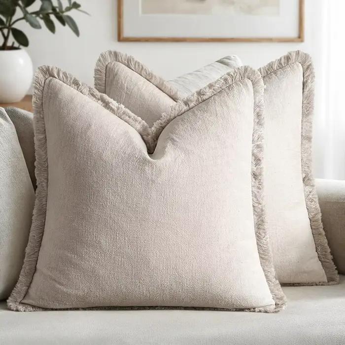Housses de coussin décoratives roses, coussins décoratifs neutres en lin à franges, coussins d'appoi