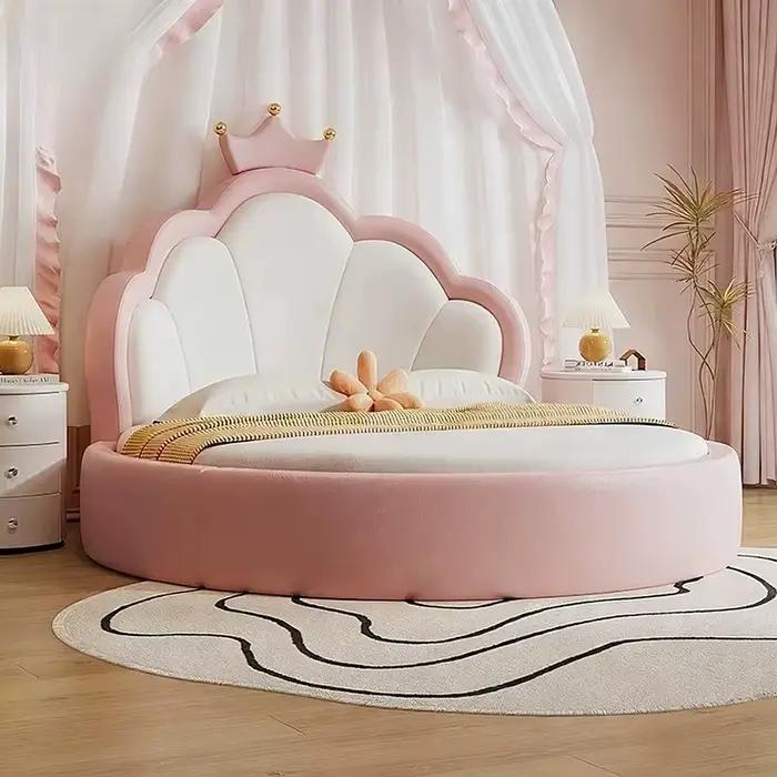 Lit double rond de luxe rose pour adultes, 180x200, pour filles, adolescents, style italien, mignon,