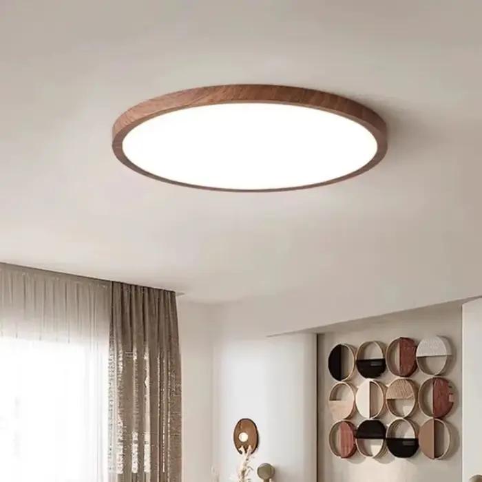 Plafond moderne à LEDs lumière circulaire ultra-mince Grain de bois noyer lumière décorative chambre