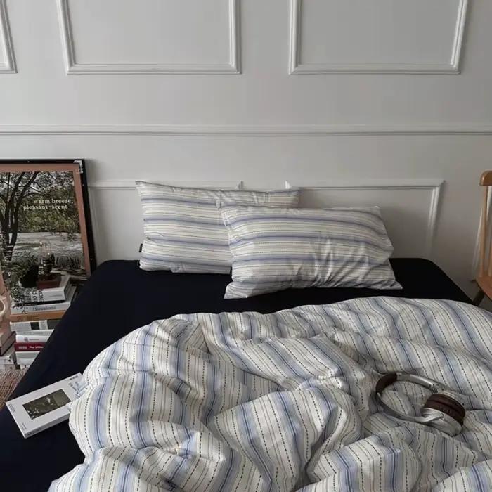 Parure de lit 100% coton, housse de couette rayée + drap noir + taie d'oreiller, linge de lit pour l