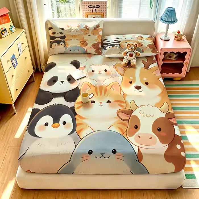Ensemble de draps de lit imprimés d'animaux mignons de dessin animé, 3 pièces, sans tissu en relief,