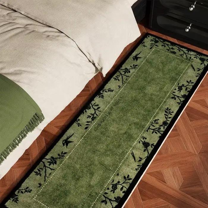 Tapis de chambre doux et moelleux, confortable, motif floral vert, long tapis de chevet, style vinta